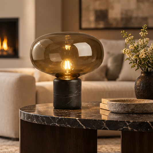 RoyaleGlow Smoked Glass Mushroom Table Lamp with Marble Base