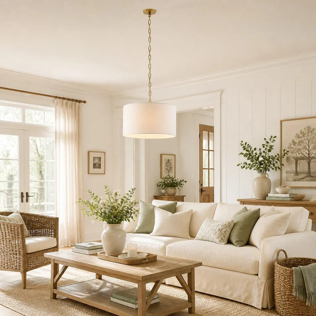 Soren Modern Farmhouse Linen Drum Pendant Light 2