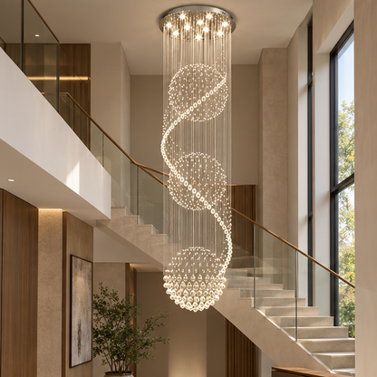 RoyaleGlow Modern Spiral K9 Crystal Chandelier - Three Sphere Hanging Light Fixture
