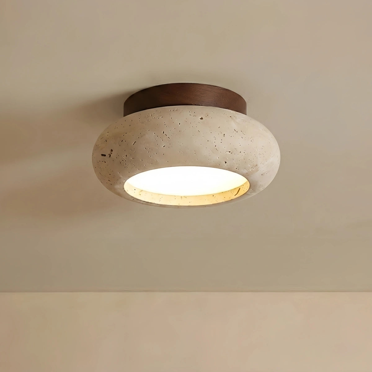 Strata Japanese Style Travertine Ceiling Light – Natural Wood Flush Mount for Living Room, Dining Room and Bedroom 0