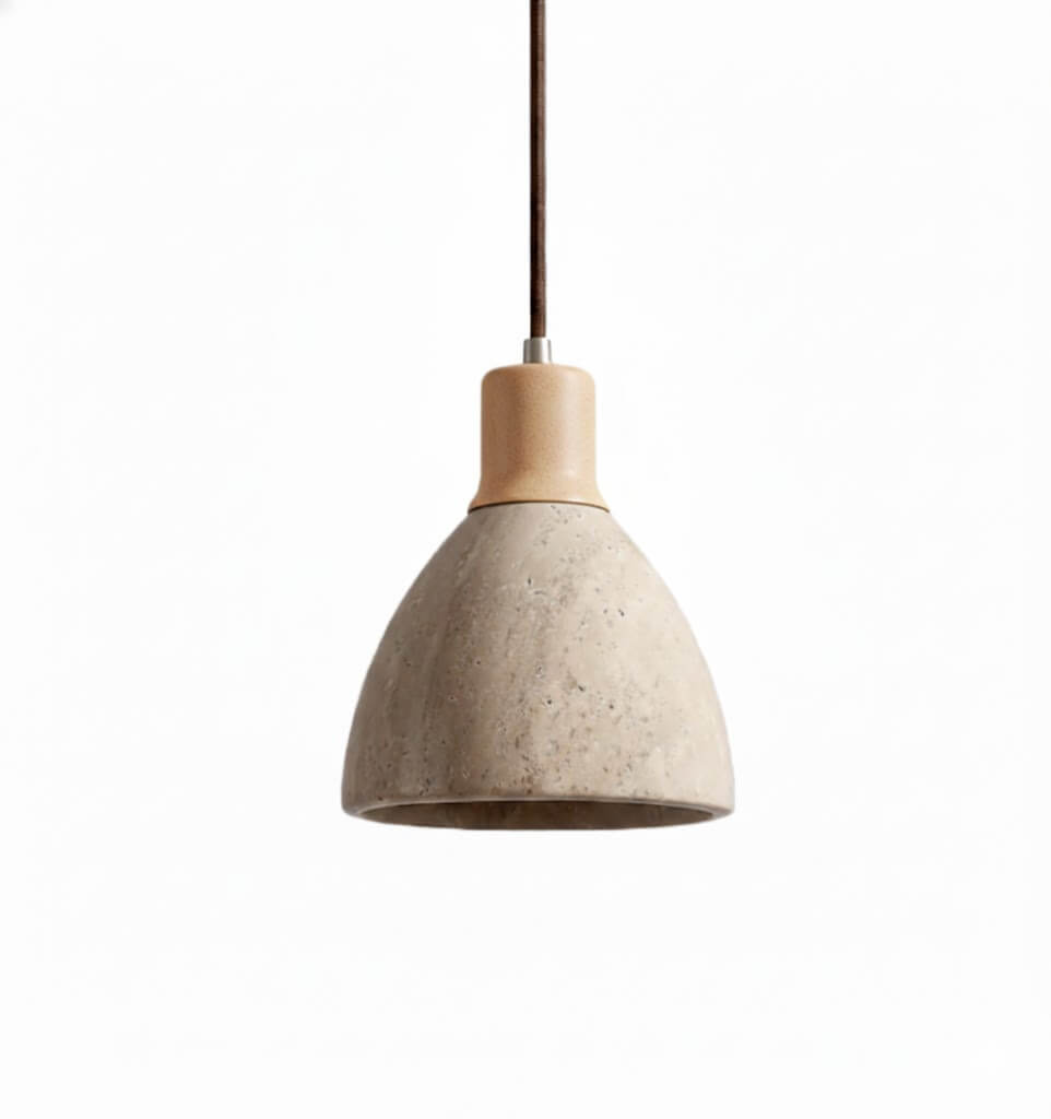 Strata Modern Organic Pendant Light — Travertine Stone & Wood Kitchen Island Lighting 2