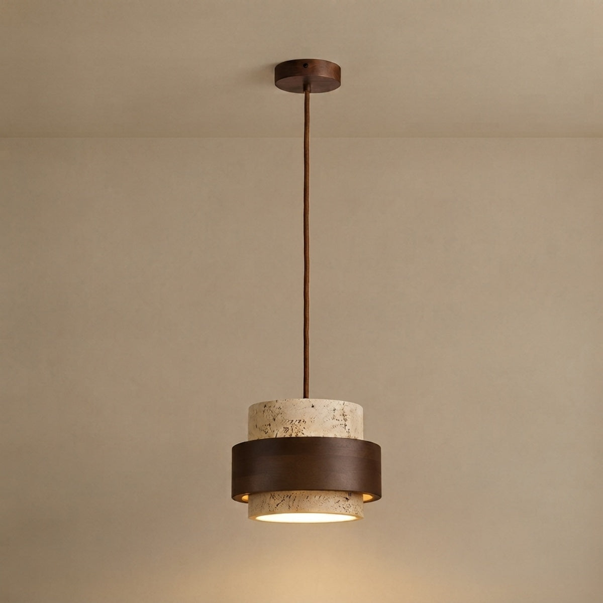 Strata Modern Travertine Pendant Light — Walnut Wood for Dining Room 0