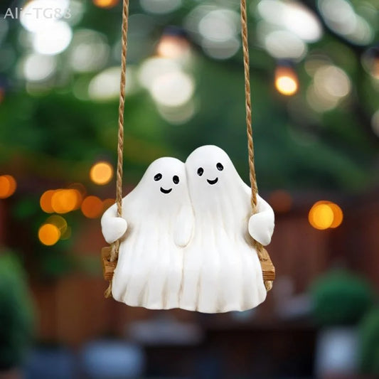 Swing Couple Ghost Pendant White Ghost Statue Halloween Decoration Hanging Ornaments Resin Figurine Car Accessories Home Decor 0