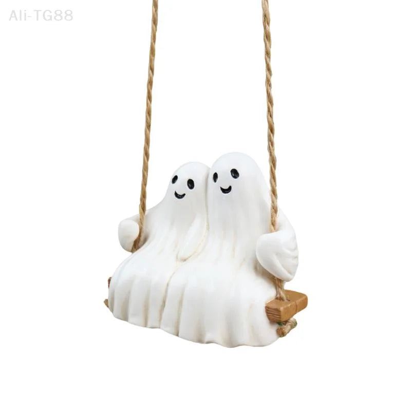 Swing Couple Ghost Pendant White Ghost Statue Halloween Decoration Hanging Ornaments Resin Figurine Car Accessories Home Decor 2