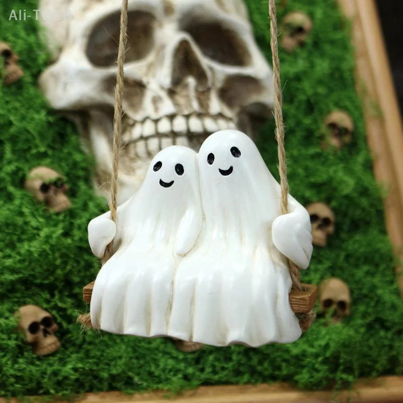Swing Couple Ghost Pendant White Ghost Statue Halloween Decoration Hanging Ornaments Resin Figurine Car Accessories Home Decor 3