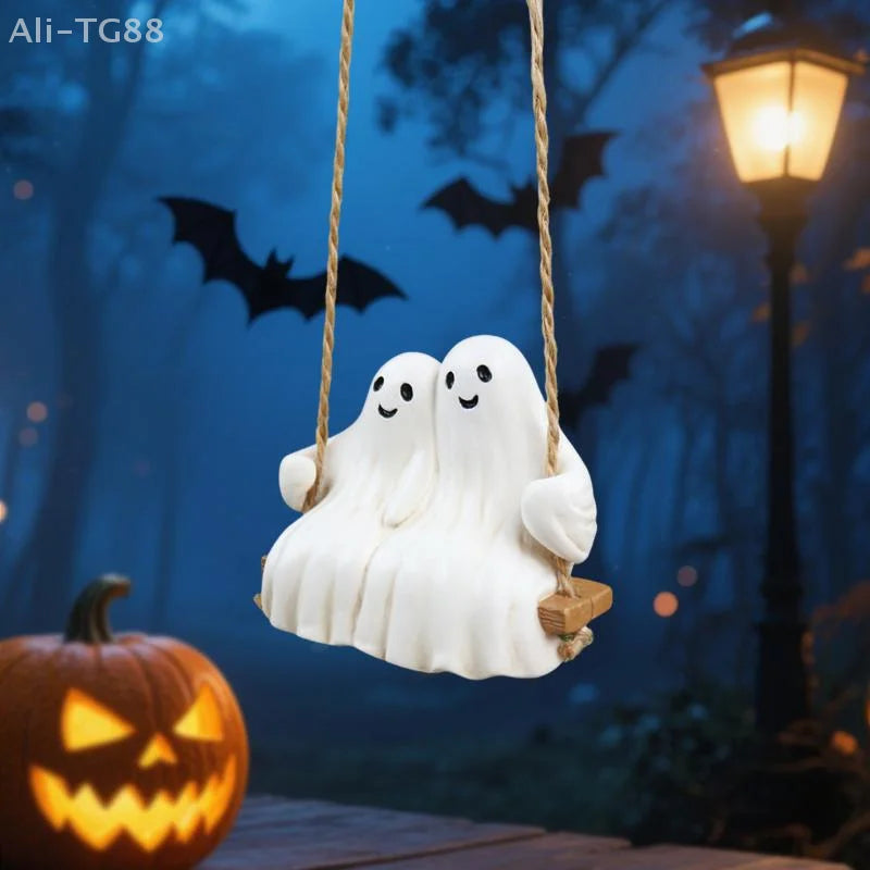 Swing Couple Ghost Pendant White Ghost Statue Halloween Decoration Hanging Ornaments Resin Figurine Car Accessories Home Decor 4