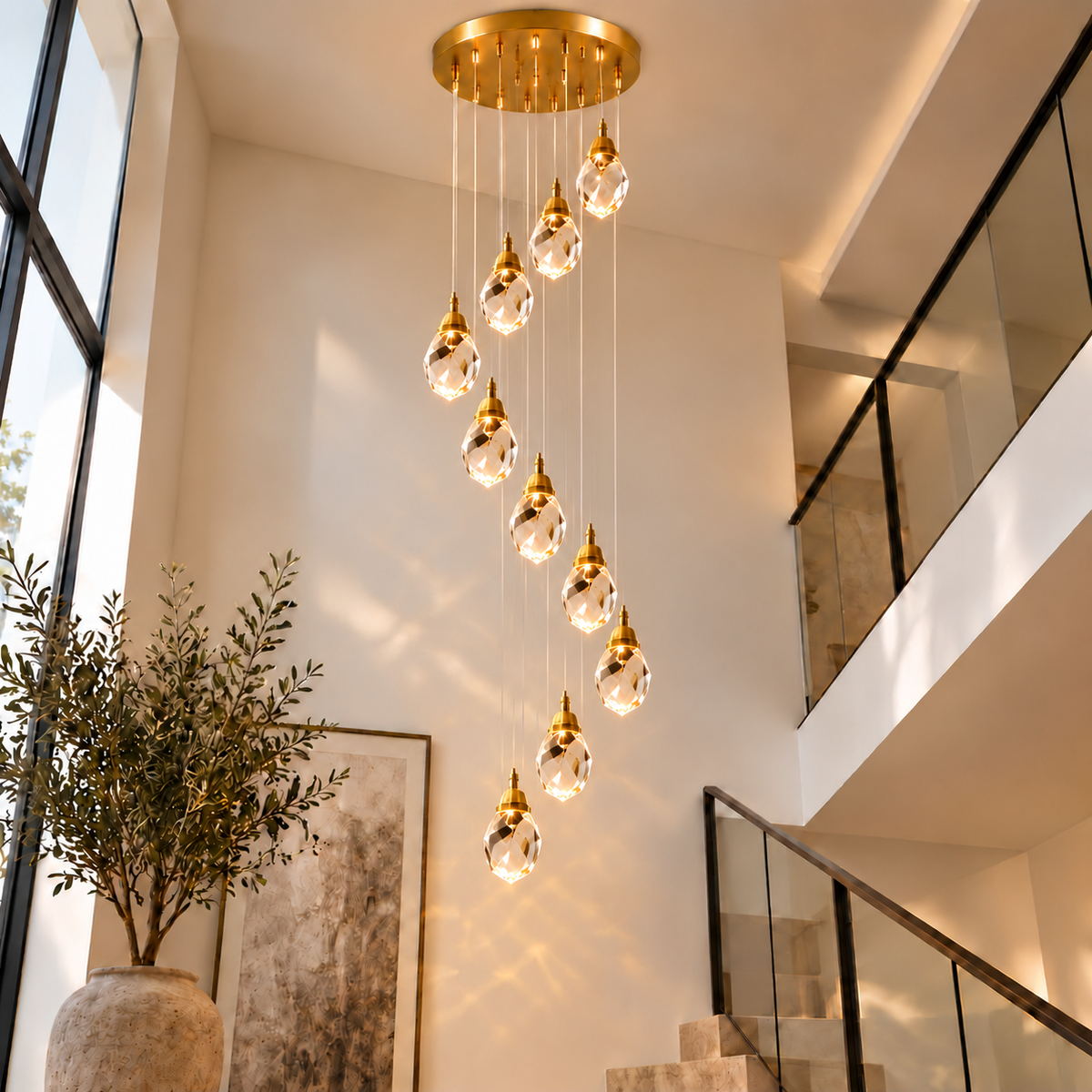 Royelux Gold LED Crystal Chandelier Pendant Ceiling Light, Adjustable Drop