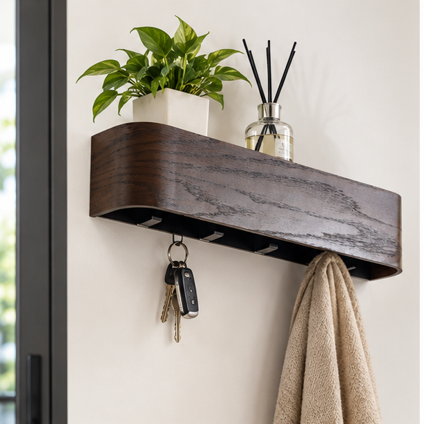 Toke' wall-mounted coat rack, crafted from natural oak with sleek hidden hooks