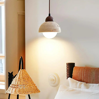 RoyaleGlow Travertine & Glass Dome Pendant Light - Modern Organic Sconce