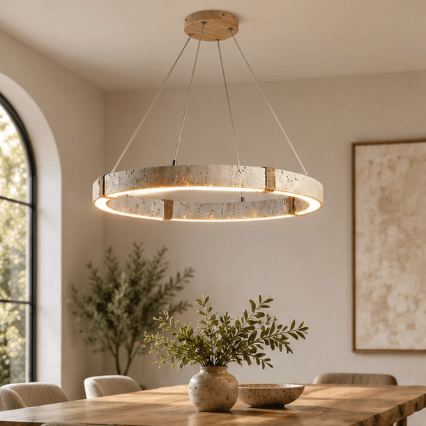 RoyaleGlow Modern Travertine Ring LED Chandelier - Natural Stone Hanging Ceiling Light - Royale Basic
