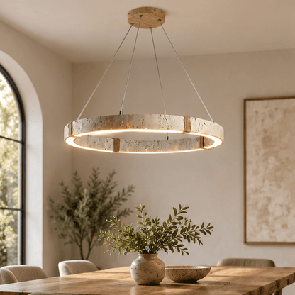 RoyaleGlow Modern Travertine Ring LED Chandelier - Natural Stone Hanging Ceiling Light - Royale Basic
