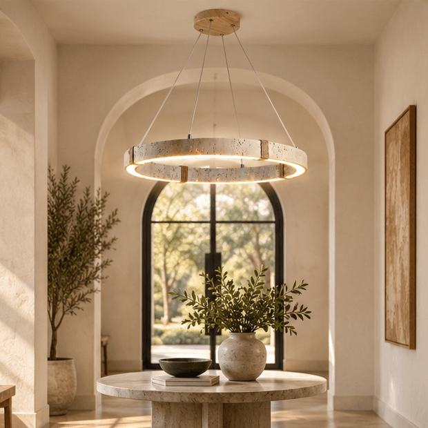 RoyaleGlow Modern Travertine Ring LED Chandelier - Natural Stone Hanging Ceiling Light - Royale Basic