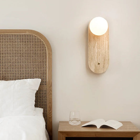 Royelux Natural Travertine Stone Wall Sconce - Modern Organic Round Bedside Light - Royale Basic