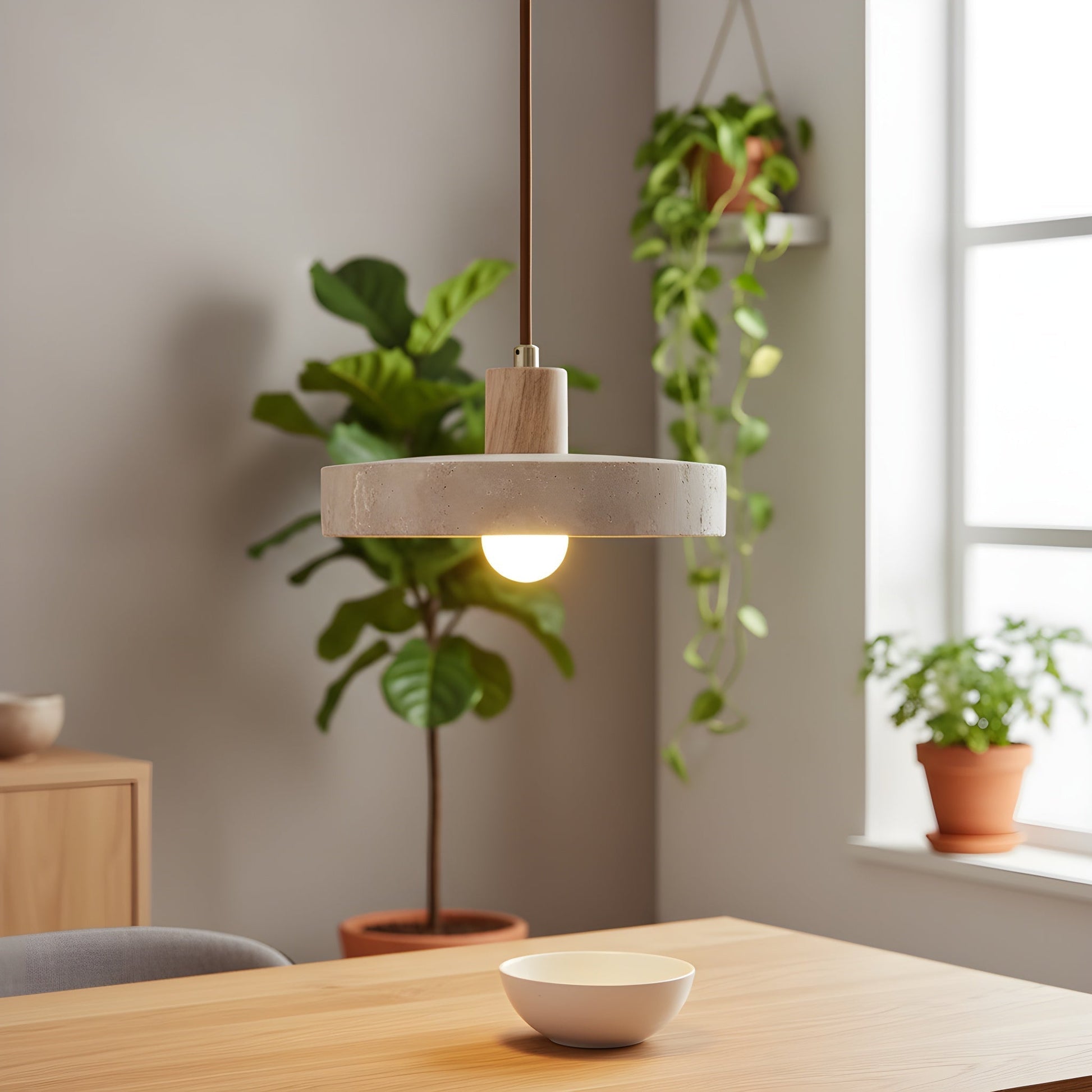 RoyaleGlow Travertine & Wood Disk Pendant Light, Warm LED Ambient Lamp