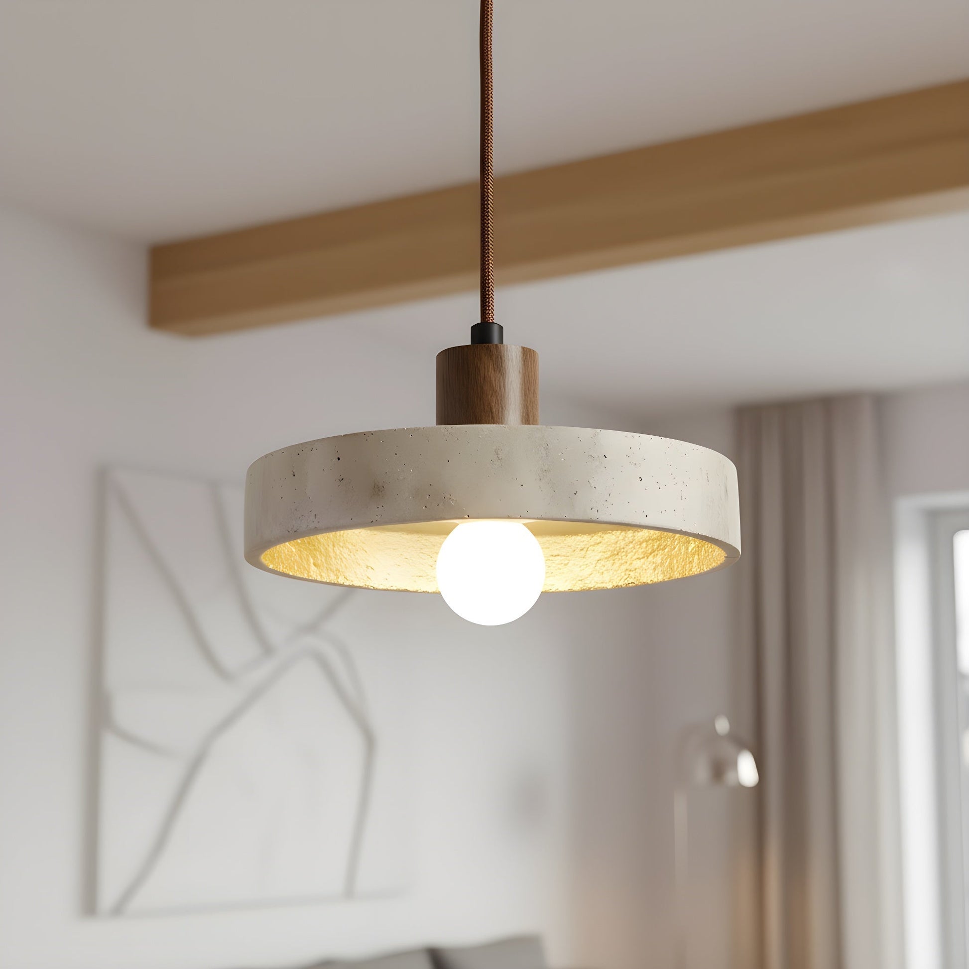 RoyaleGlow Travertine & Wood Disk Pendant Light, Warm LED Ambient Lamp
