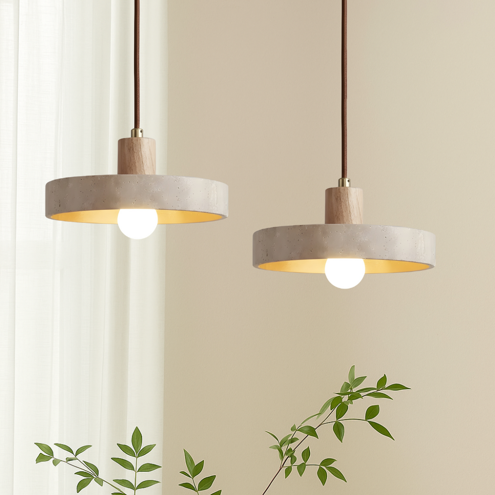 RoyaleGlow Travertine & Wood Disk Pendant Light, Warm LED Ambient Lamp