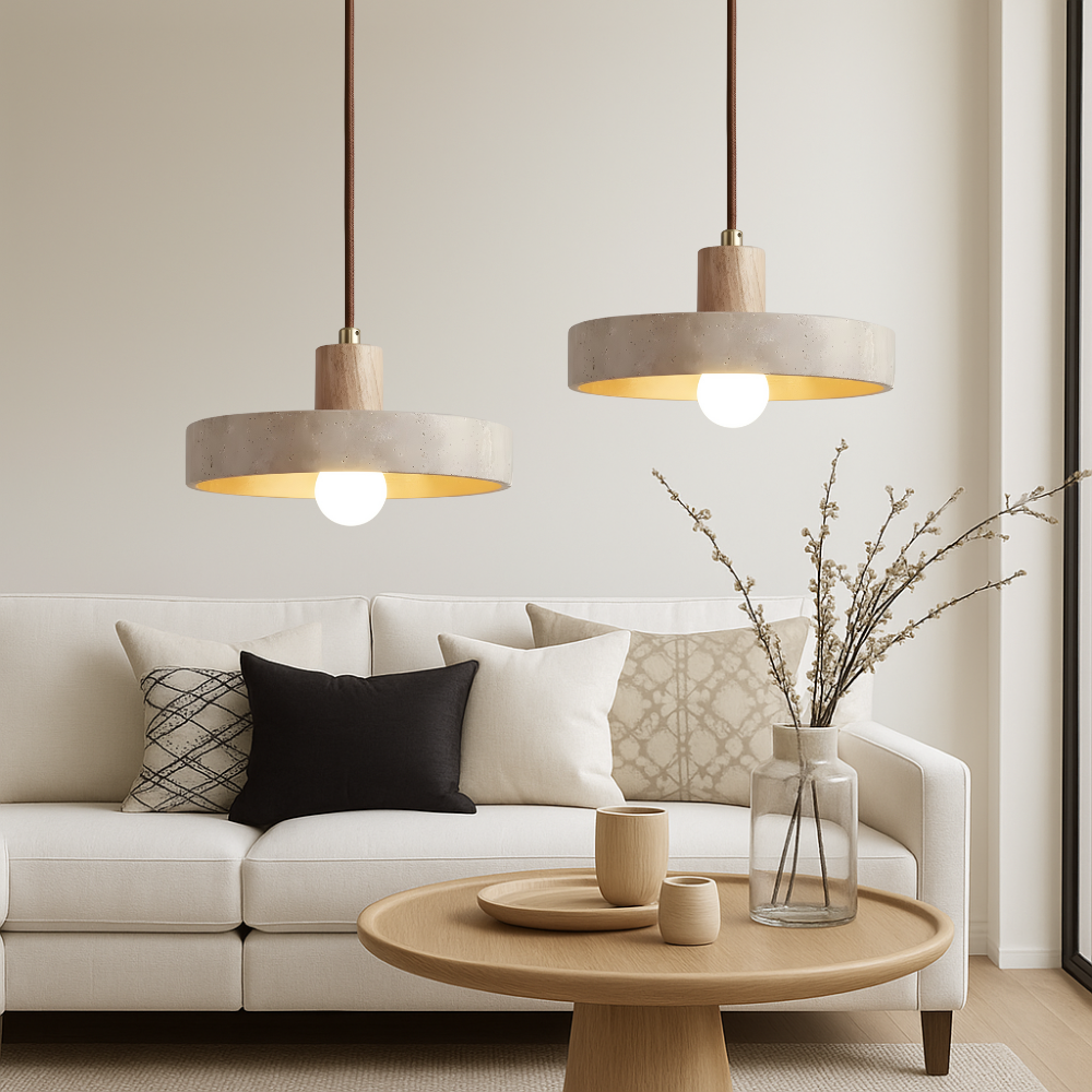 RoyaleGlow Travertine & Wood Disk Pendant Light, Warm LED Ambient Lamp