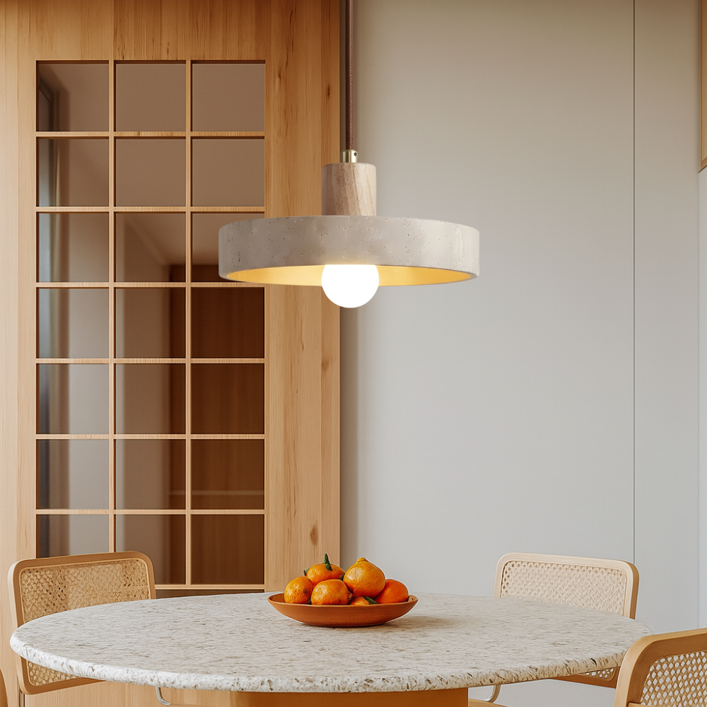 RoyaleGlow Travertine & Wood Disk Pendant Light, Warm LED Ambient Lamp