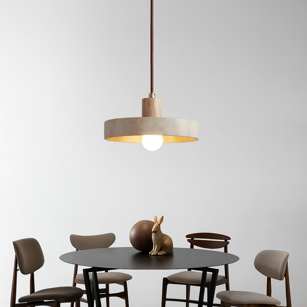RoyaleGlow Travertine & Wood Disk Pendant Light, Warm LED Ambient Lamp
