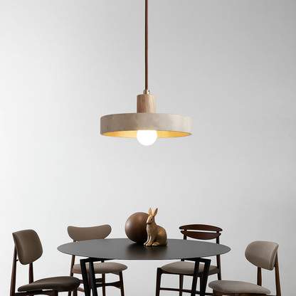 RoyaleGlow Travertine & Wood Disk Pendant Light, Warm LED Ambient Lamp