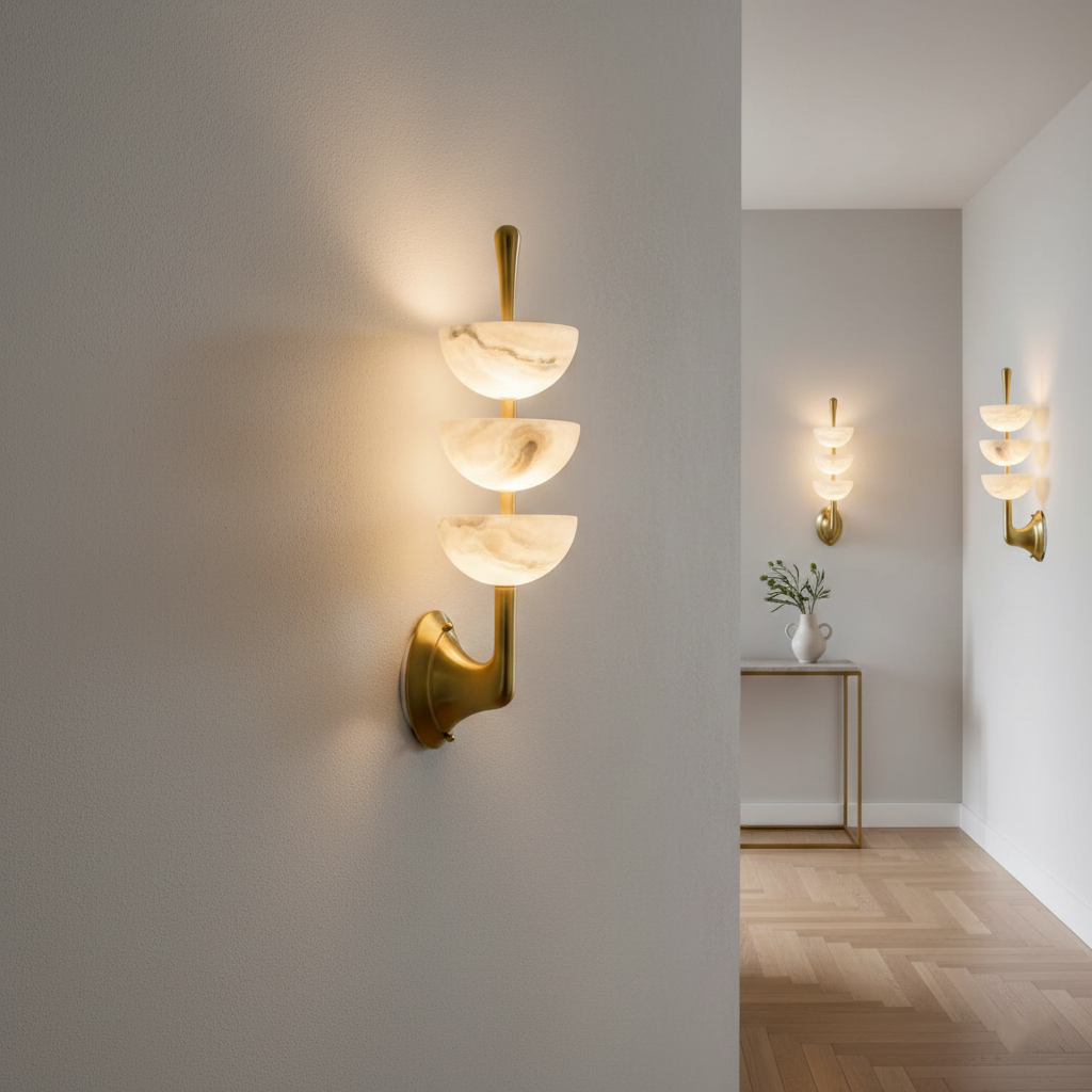 RoyaleGlow Triple Alabaster Wall Sconce - Brass Fixture with Natural Stone Shades