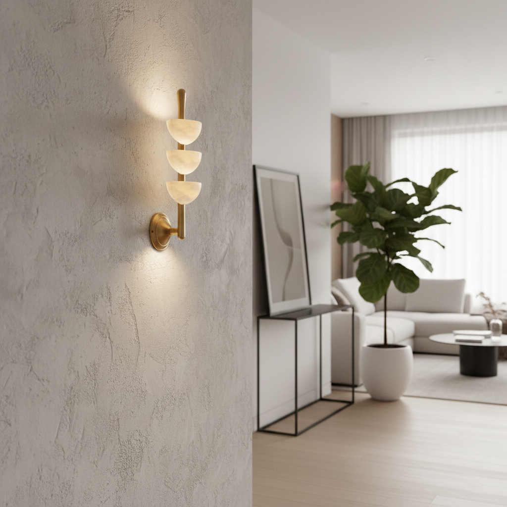 RoyaleGlow Triple Alabaster Wall Sconce - Brass Fixture with Natural Stone Shades