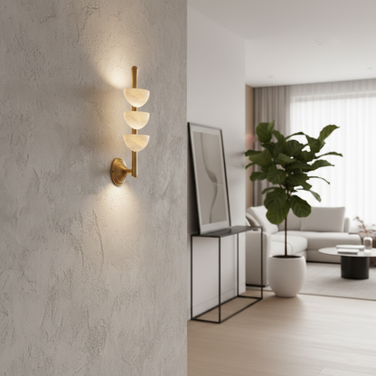 RoyaleGlow Triple Alabaster Wall Sconce - Brass Fixture with Natural Stone Shades