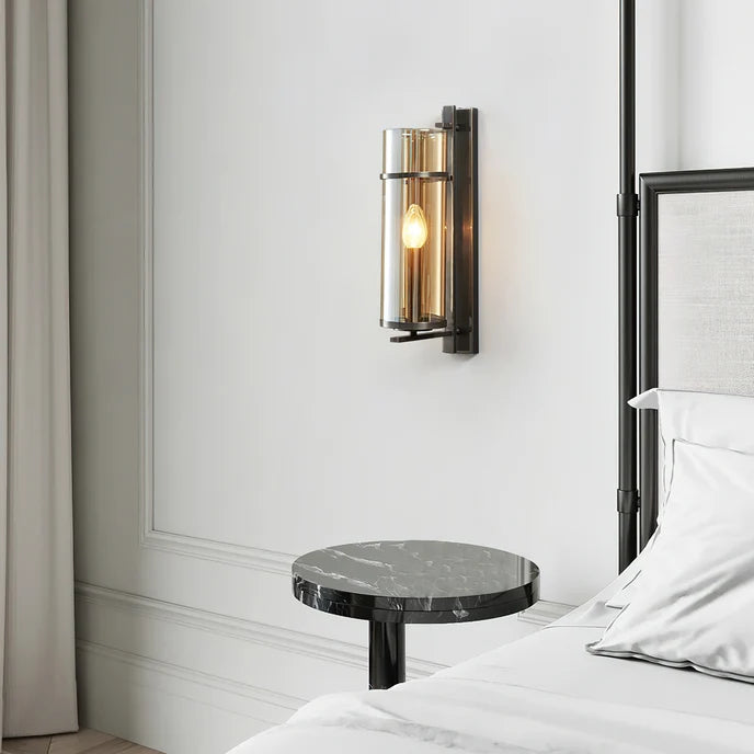 RoyaleGlow Farmhouse Brass Wall Sconce with Clear Cylinder Glass Shade - Royale Basic