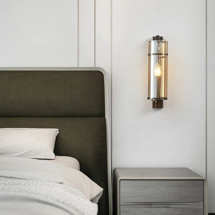 RoyaleGlow Farmhouse Brass Wall Sconce with Clear Cylinder Glass Shade - Royale Basic