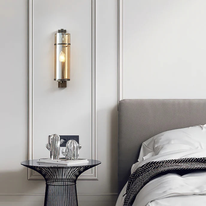 RoyaleGlow Farmhouse Brass Wall Sconce with Clear Cylinder Glass Shade - Royale Basic