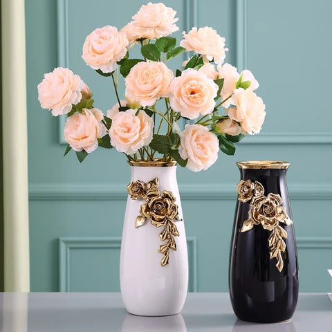 LuxRoyale Black & White Ceramic Vase - Elegant 26cm Floral Decor