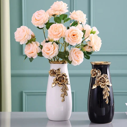LuxRoyale Black & White Ceramic Vase - Elegant 26cm Floral Decor