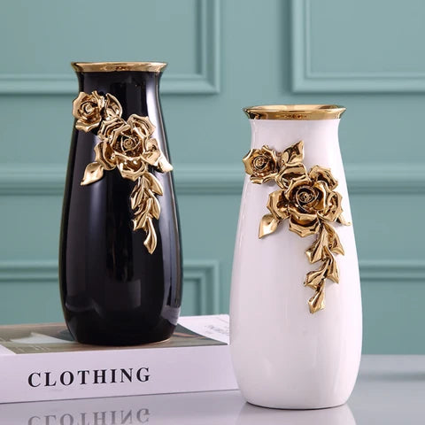 LuxRoyale Black & White Ceramic Vase - Elegant 26cm Floral Decor