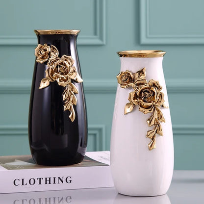 LuxRoyale Black & White Ceramic Vase - Elegant 26cm Floral Decor