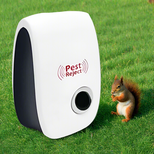 Ultrasonic squirrel repeller with silent operation and pet-safe technology. Covers up to 800 sq. ft., using intelligent frequency conversion to deter pests without chemicals or harmful radiation. Ideal for indoor and outdoor use.