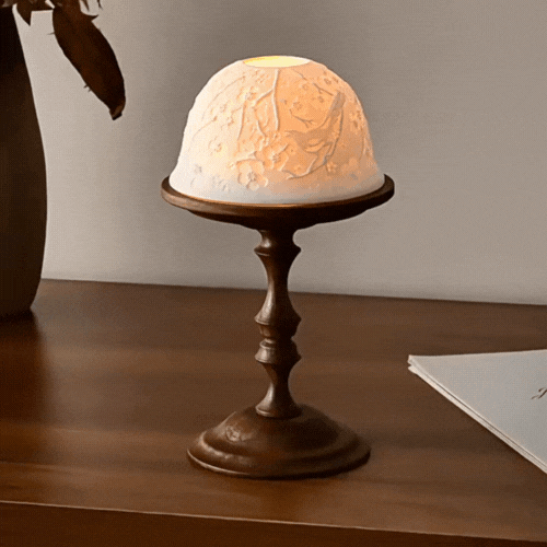 LuxRoyale Hand Carved Porcelain Dome Candle Holder With Walnut Base