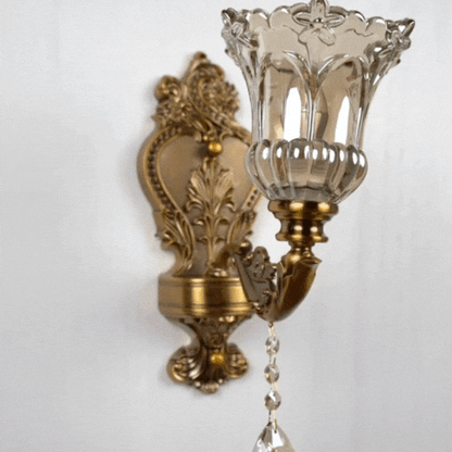 RoyaleGlow Antique Brass Wall Light - Retro Crystal Glass Dual Head Lamp for Living Room