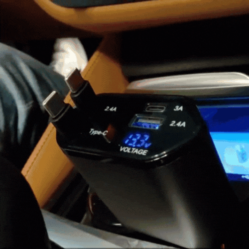 Royelux Fast Charging Car Charger – 120W Retractable Dual Cable with Voltage Display