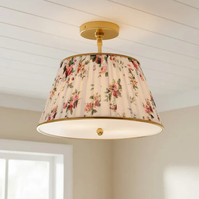RoyaleGlow Pleated Fabric Semi-Flush Mount Ceiling Light with Botanical Print