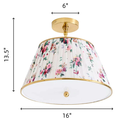 RoyaleGlow Pleated Fabric Semi-Flush Mount Ceiling Light with Botanical Print