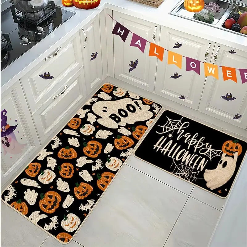 VIKAMA 2pc Halloween Kitchen Floor Mat Festive Atmosphere Corridor Non-Slip Strip Carpet Indoor And Outdoor Entrance Door Mat 1