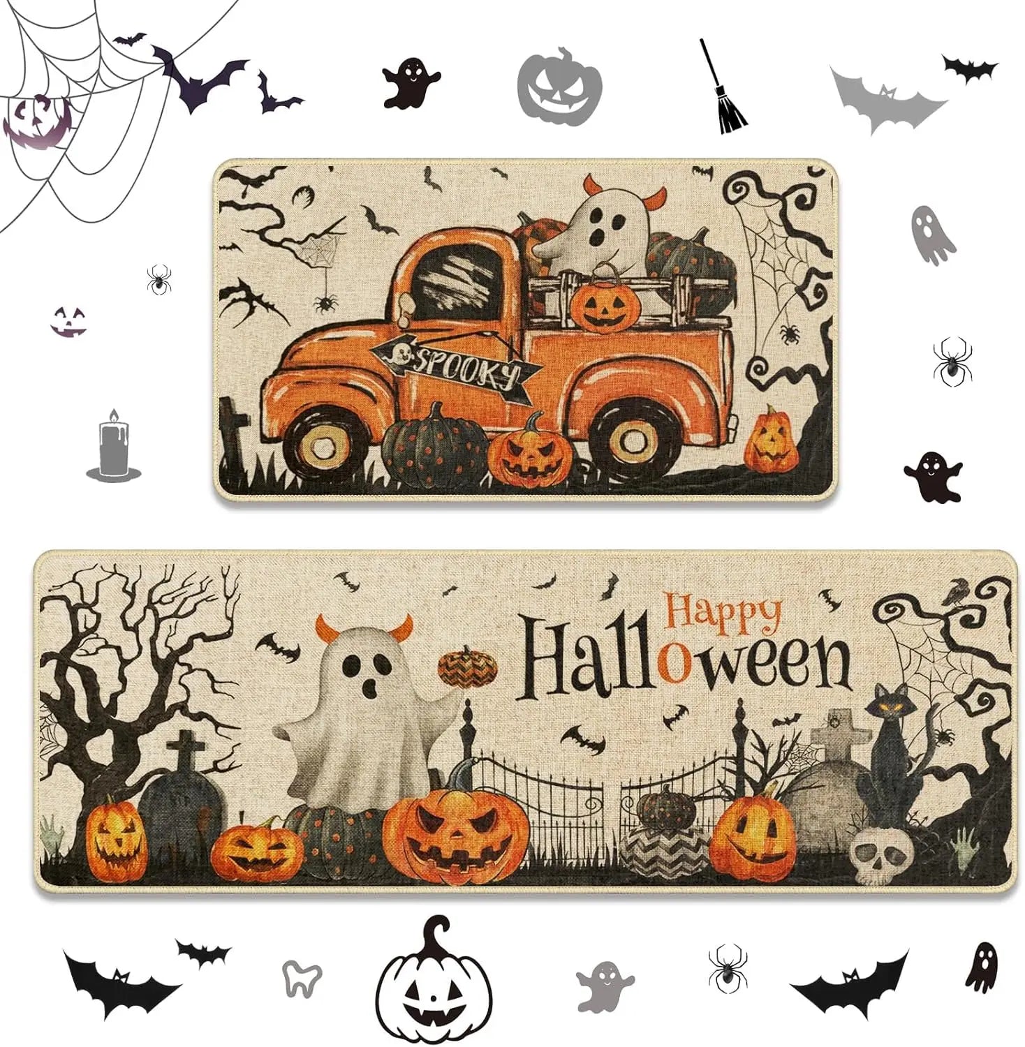 VIKAMA 2pc Halloween Kitchen Floor Mat Festive Atmosphere Corridor Non-Slip Strip Carpet Indoor And Outdoor Entrance Door Mat 9