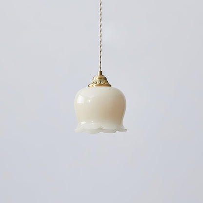 Luxora Cream Glass Flower Pendant Light, Brass Top Nordic Hanging Lamp