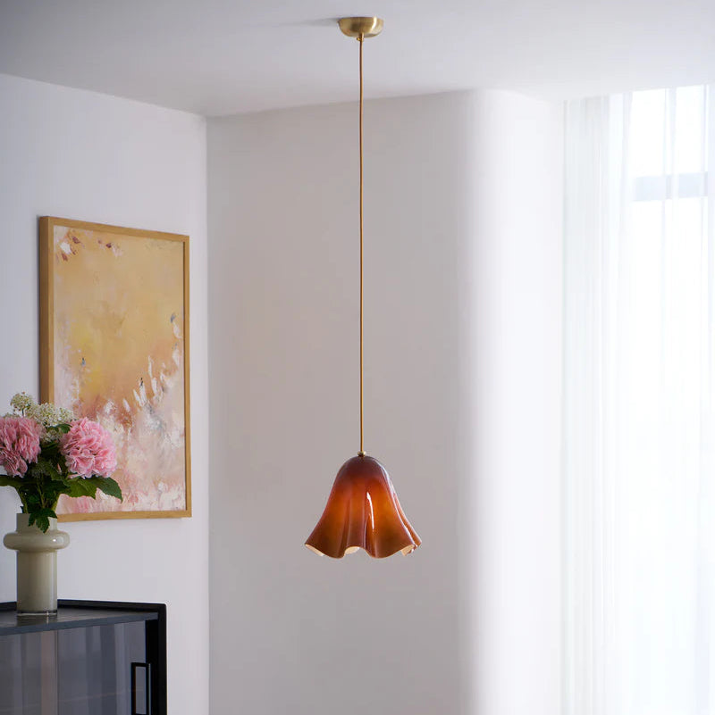 Rayvia Glass Flower Pendant Light, Adjustable French Retro Modern Hanging Lamp