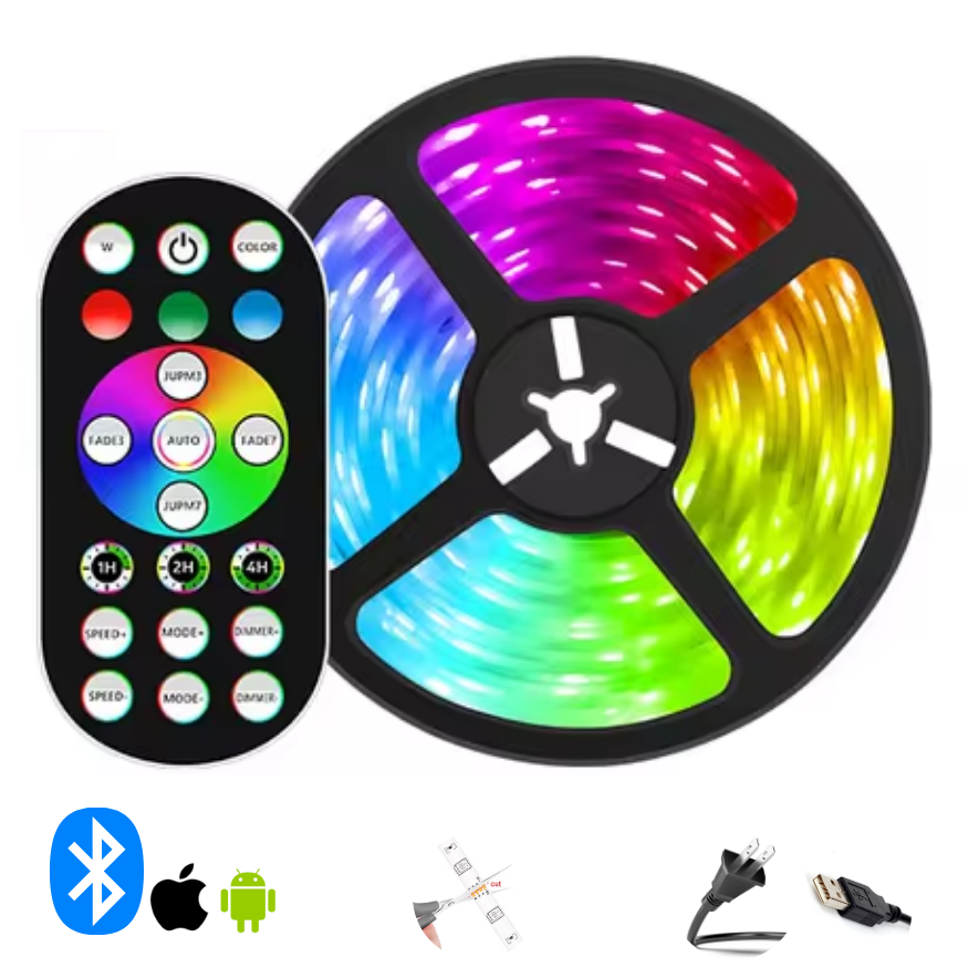Vibrant RGB LED Strip Lights - Bluetooth Customizable Color-Changing Light Strip for Home Decor - 10m / 33ft