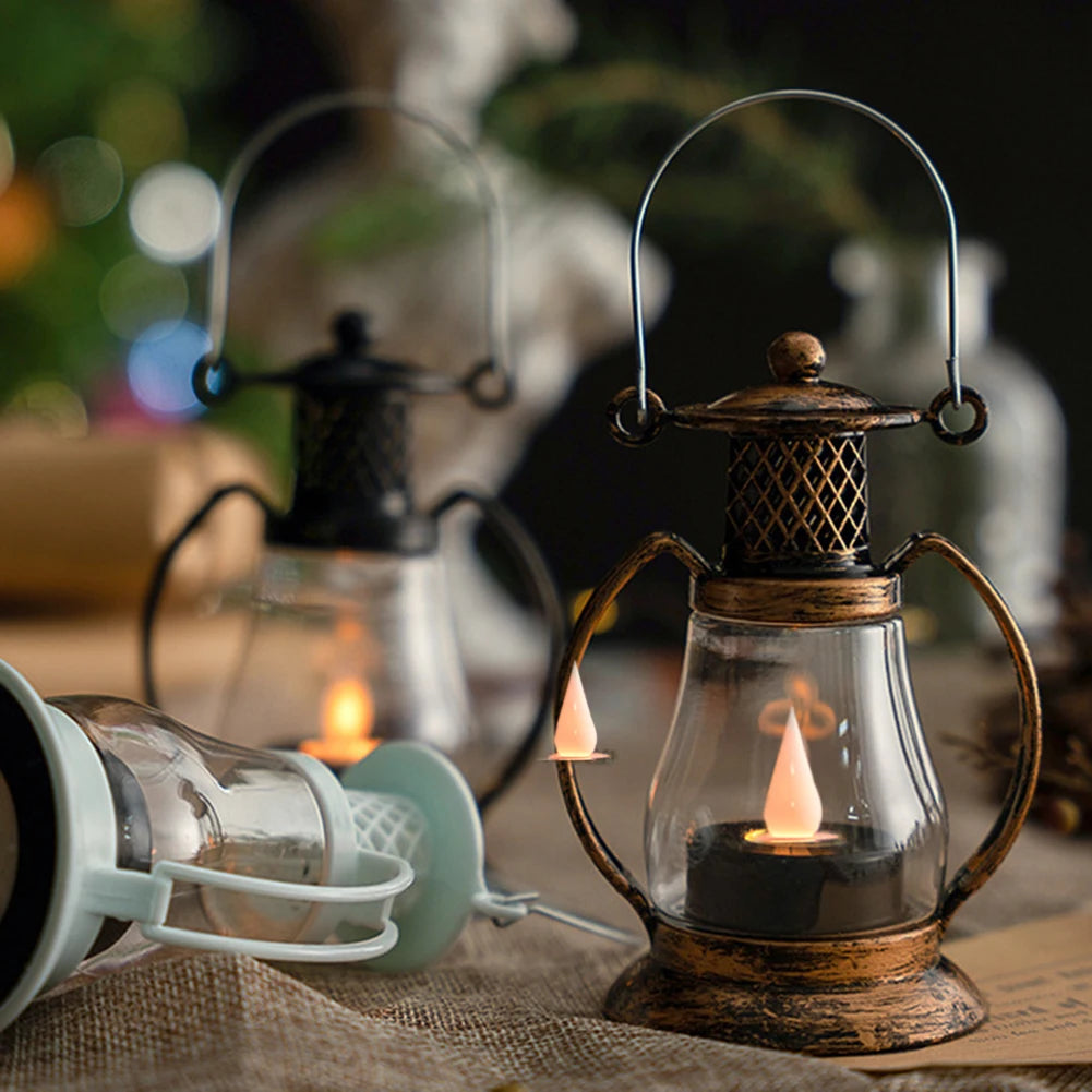 Rustic Lantern, Vintage Hanging LED Lantern with Built-In Battery for Outdoor Camping & Nightstand Decor - Default Title