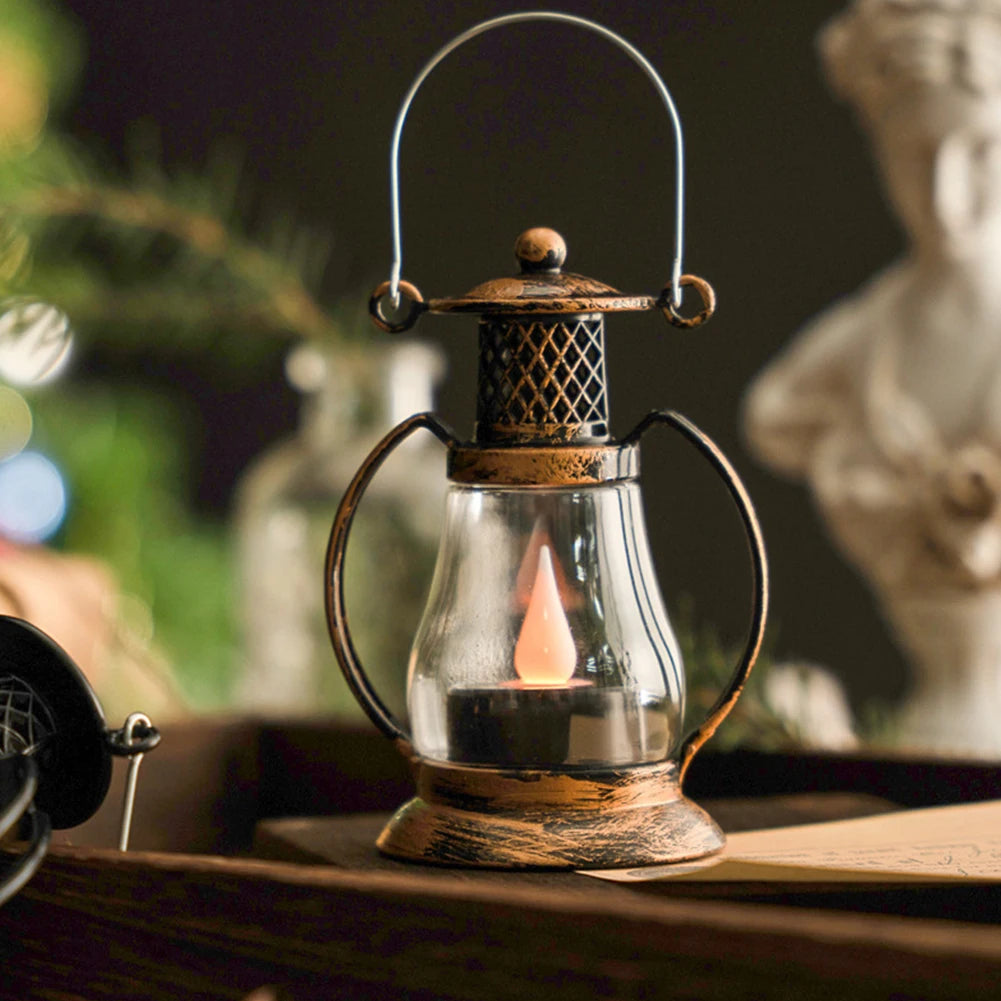 Rustic Lantern, Vintage Hanging LED Lantern with Built-In Battery for Outdoor Camping & Nightstand Decor - Default Title