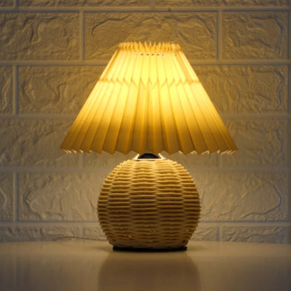 Rattan Lamp - Vintage Pleated Table Lamp for Living Room & Bedside Decor - Round Base