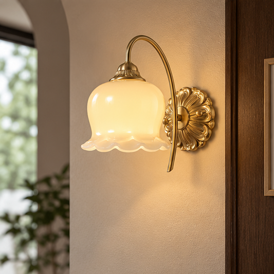 RoyaleGlow Vintage Frosted Tulip Wall Sconce - Brass Floral Wall Lamp For Living Room