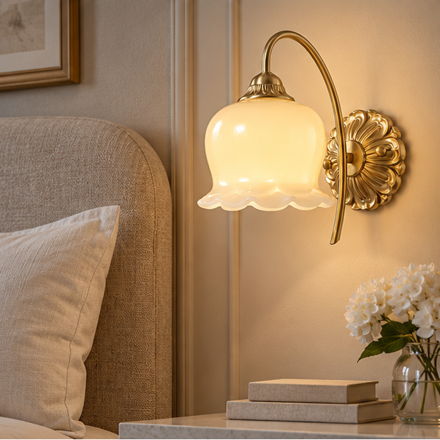 RoyaleGlow Vintage Frosted Tulip Wall Sconce - Brass Floral Wall Lamp For Living Room